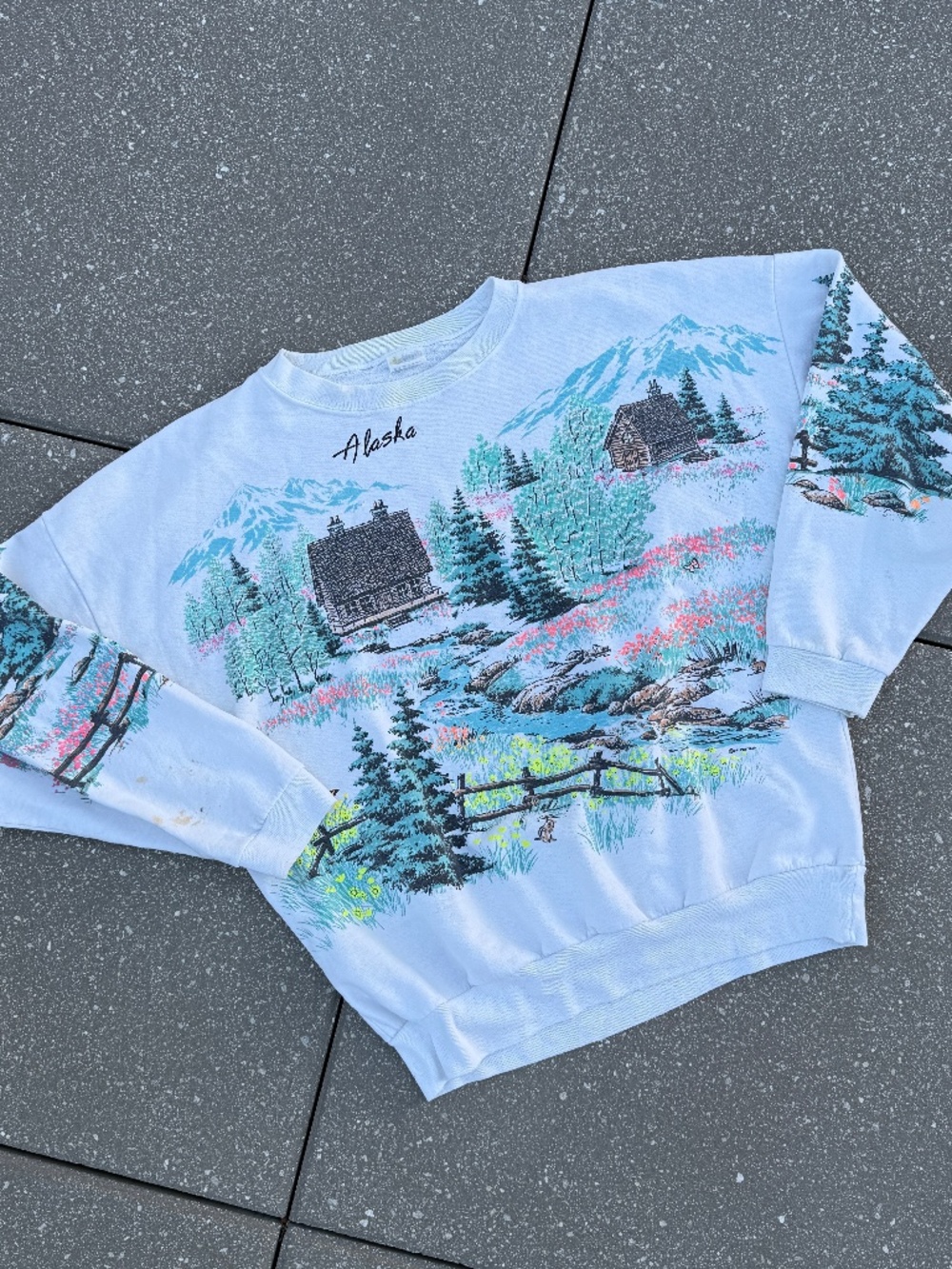 1989 Lifestyles Vintage Nature AOP Crewneck Sweater One Size Retro Alaska